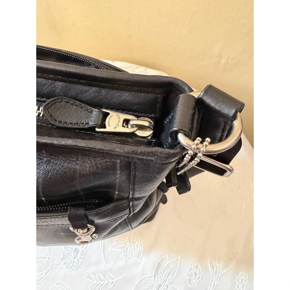 Coach Black Pebbled Leather Grid Print Crossbody Messenger Bag Silver Hardware